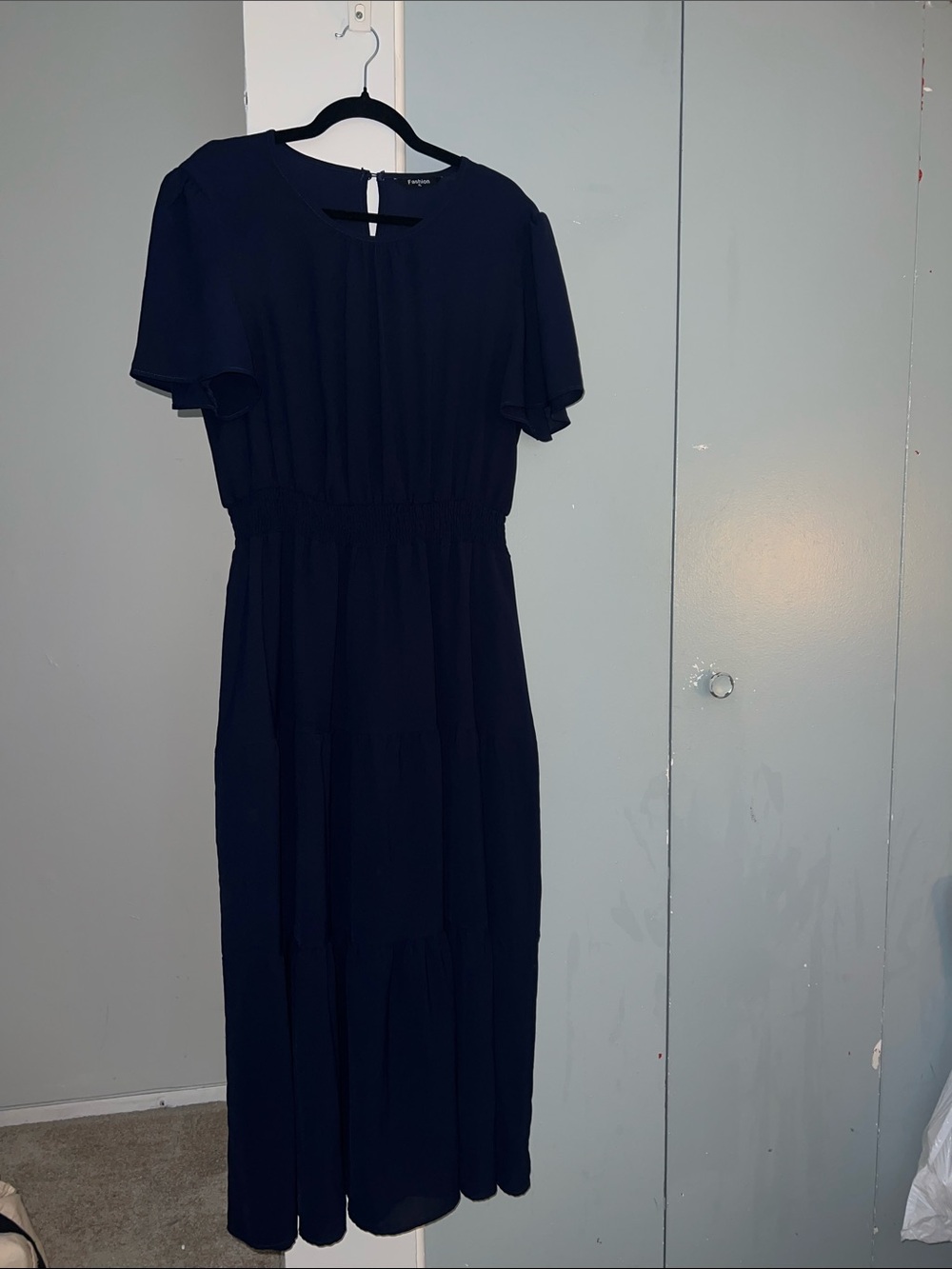 Classic Navy Midi Dress with Elastic Waist and Flutter Sleeves